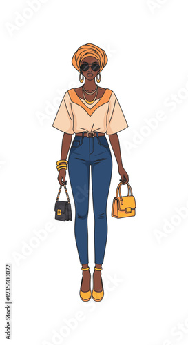 Stylish black woman holding handbags and wearing sunglasses in casual outfit  