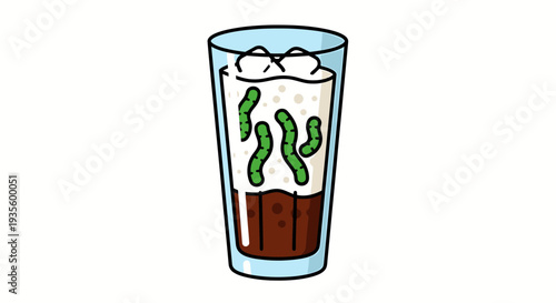 Cartoon Illustration of a Glass Filled with a layered beverage featuring bitter cola soda and ice cubes, vibrant and playful design for marketing and advertising uses