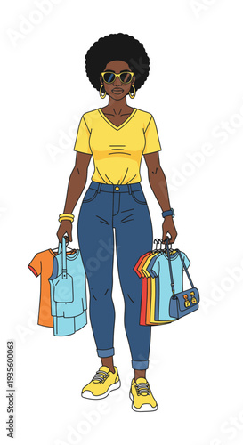 Young Black woman shopping with bags and wearing casual outfit  