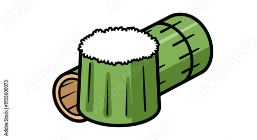 Cartoon Illustration of a Rolled Green Bamboo Mat with a Cross-Section View, Suitable for Nature and Eco-Friendly Product Promotions