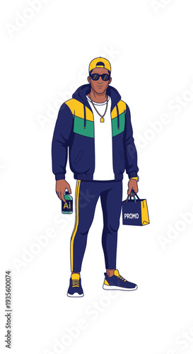 Young man standing in sporty attire with sunglasses and shopping bag  