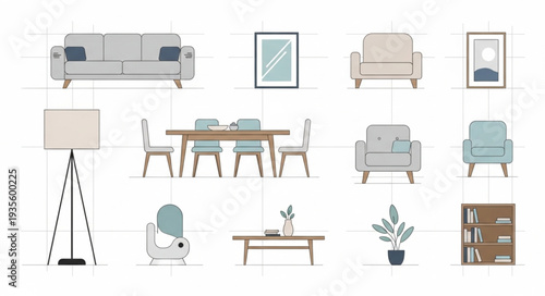 Collection of modern furniture and home decor items.