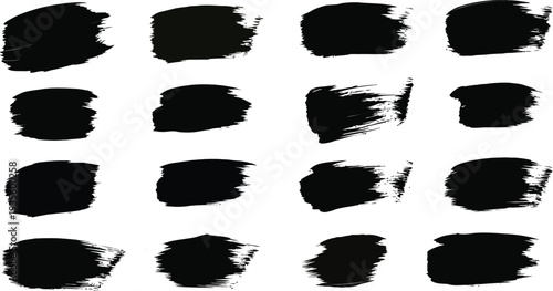 A collection of 16 black brush strokes on a white background for artistic reference
