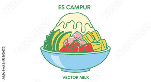 Es Campur Dessert Bowl with Colorful Ingredients and Syrup Toppings, Indonesian Traditional Sweet Treat for Refreshing Summer Snacks