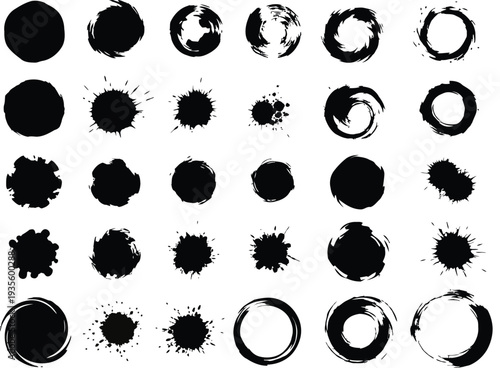 Collection of 36 unique black ink splatter and circle stains on white background