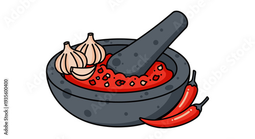Mortar and Pestle with Fresh Garlic and Chili Peppers for Cooking and Culinary Preparation