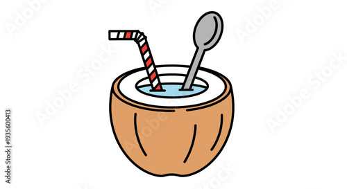 Refreshing Coconut Drink with Straw and Spoon in a Fresh Coconut Shell for Tropical Beverages and Summer Refreshments
