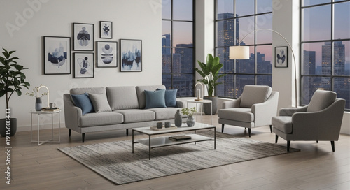 Modern living room with comfortable sofa and armchairs.