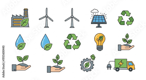 Sustainable Energy Eco Friendly Icons Set.