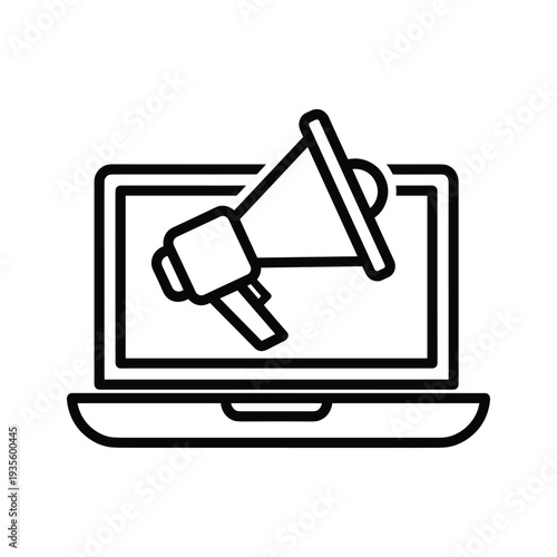 A laptop with a megaphone icon symbolizing digital announcements or notifications