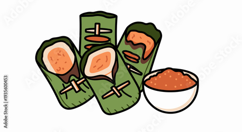 Traditional Asian Sticky Rice Snacks Wrapped in Banana Leaves with Savory Fillings and a Side of Spiced Dipping Sauce