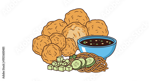 Traditional Asian Cuisine Featuring Fried Tofu Balls, Noodles, Fresh Vegetables, and Healthy Bean Soup in a Contemporary Food Presentation