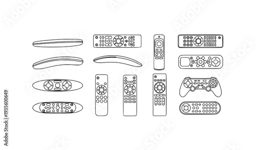 Minimal Line Remote Control Icons Modern Electronic Device Outline Set on White