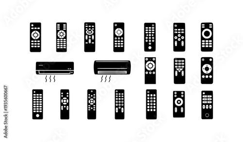Modern Remote Control Silhouette Collection Black Electronics Icon Set Isolated on White