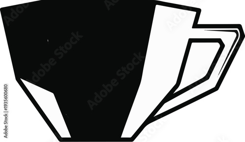 A minimalist black and white illustration of a modern coffee cup with angular lines