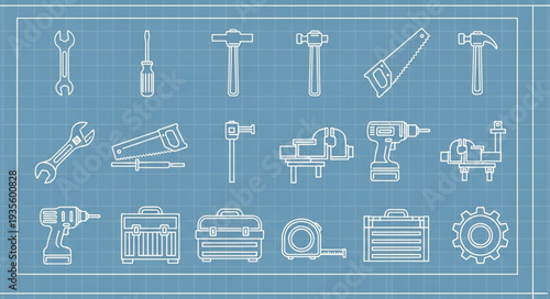 Collection of various tools and equipment on blueprint background.