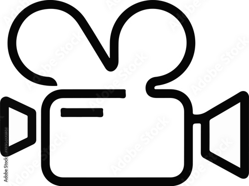 A stylized, black and white outline of a vintage film camera, representing recording