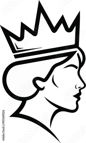 Stylized profile of a crowned female head, black and white vector art