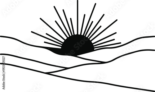 Stylized rising sun behind abstract hills