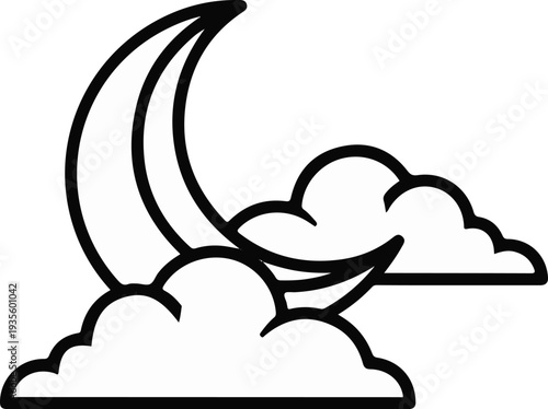 Crescent moon peeking from behind stylized clouds