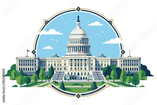 Iconic Capitol Building: An illustration of the stately Capitol Building, a symbol of governance, showcases its architectural grandeur under a clear, bright sky.