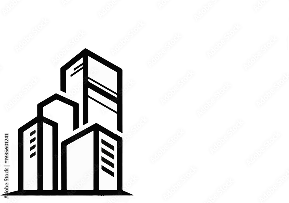Obraz premium Stylized abstract illustration of clustered modern buildings in black and white outlines