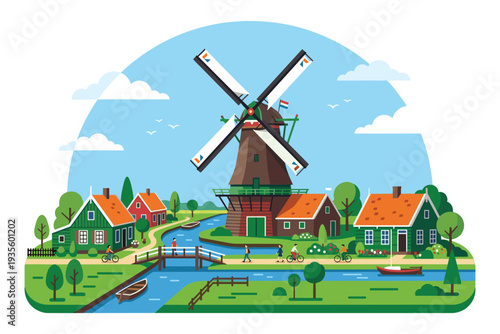 Idyllic Windmill Scene: A charming illustration showcases a picturesque Dutch windmill nestled amidst quaint houses, serene water channels, and lush green landscapes, offering a sense of tranquility.