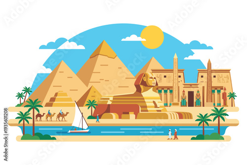 Ancient Egyptian Panorama: A vibrant illustration showcasing iconic landmarks, including the pyramids and the Sphinx, against a backdrop of the sun and the Nile.