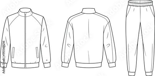 Technical fashion sketch of a unisex tracksuit set featuring a raglan sleeve zip-up bomber jacket and matching jogger pants with elasticated waist and cuffs.