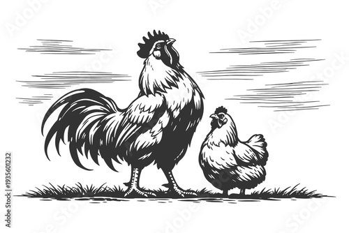 Farmyard Rooster and Hen Standing in a Field, Traditional Woodcut Style Vector Illustration for Farm, Poultry, and Country Life Designs.