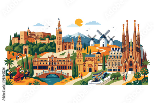 Spanish Cityscape: A vibrant illustration showcasing the diverse architectural styles and cultural richness of Spain, evoking a sense of wanderlust and appreciation for the nation's heritage.