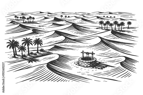 Vast Desert Sand Dunes with Oasis Palm Trees and Water Well, Classic Engraving Style Vector Illustration of Arid Sahara Landscape for Travel Background.