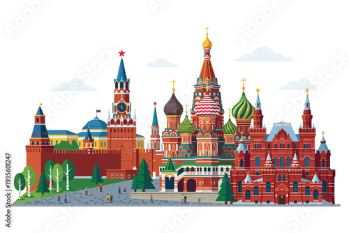 Moscow's Majestic Marvels: A vibrant illustration showcasing the iconic landmarks of Moscow, from the grandeur of Saint Basil's Cathedral to the historical spires of the Kremlin.