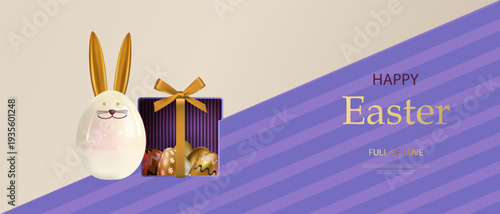 Easter poster with a ceramic bunny and a gift box with golden Easter eggs. Easter greetings and gifts. Template for Easter advertising and shopping. Vector