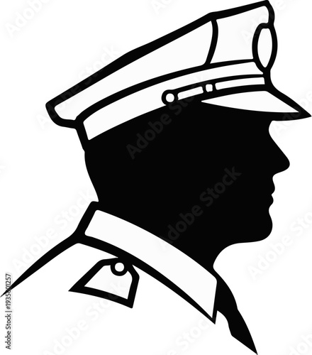 Black silhouette profile of a person wearing a peaked cap and uniform collar