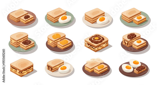 Isometric Kaya Toast Set with Soft Boiled Eggs and Various Toppings Asian Breakfast Vector Illustration
