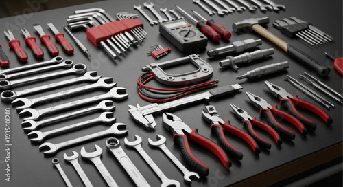 Collection of various metal tools arranged on a dark surface.