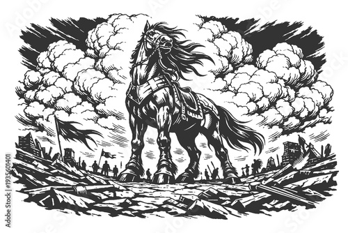 Epic War Horse Standing in a Ruined Battlefield Landscape, Dramatic Woodcut Style Vector Illustration of History and Conflict Themes.