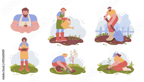 Gardening People Set. Planting Watering Growing