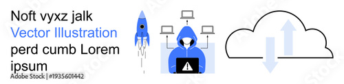 Cybersecurity, data transfer, cloud storage, tech innovation, digital crime prevention, internet security. A hooded figure with laptop, cloud icon rocket launching. Cybersecurity and data transfer