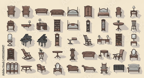 Collection of antique furniture items displayed in a grid pattern.