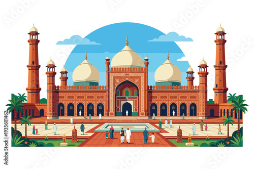 Grand Mosque's Architecture: Capturing the grandeur of a magnificent mosque, showcasing intricate architecture and vibrant cultural elements under a clear sky.