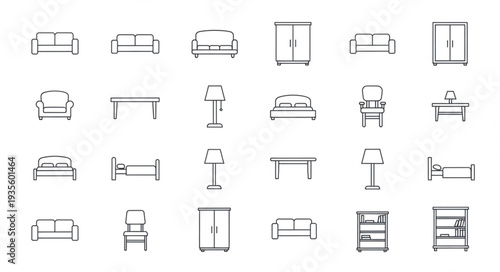 Collection of hand drawn furniture icons for interior design.