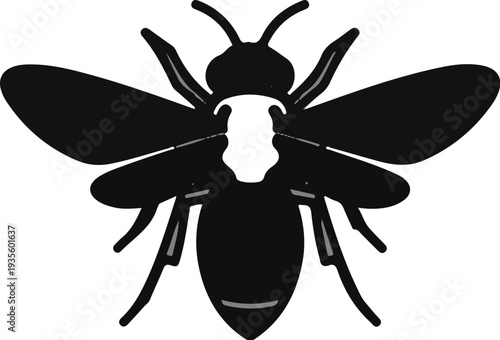 A stylized black and white illustration of a bee with outstretched wings