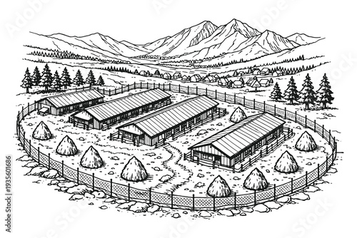 Organized Farm Compound with Barn Buildings and Haystacks Inside a Fenced Area in a Vintage Engraving Style Vector Illustration