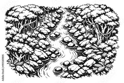 Dense Tropical Jungle Rainforest with a Winding River and Large Rocks in a Detailed Vintage Engraving Style Vector Illustration
