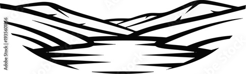 Stylized black and white abstract landscape of mountains and water