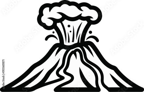 Stylized black and white eruption of a conical volcano spewing smoke and ash