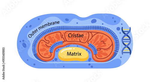 Diagram illustrating the structure of a mitochondrion, highlighting its outer membrane, cristae, matrix, and DNA.