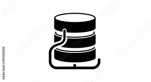 A simple black and white illustration of a drum with sticks on a stand viewed from the front